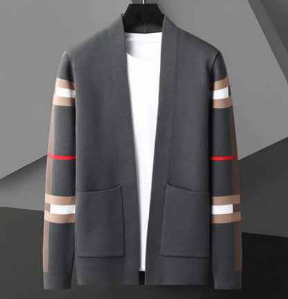 Men’s Knit Cardigan | Open Front | Striped Sleeve Detail