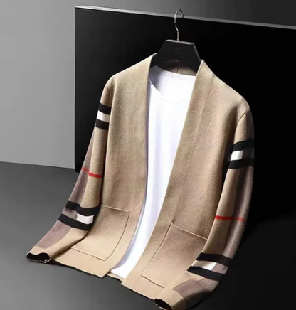 Men’s Knit Cardigan | Open Front | Striped Sleeve Detail