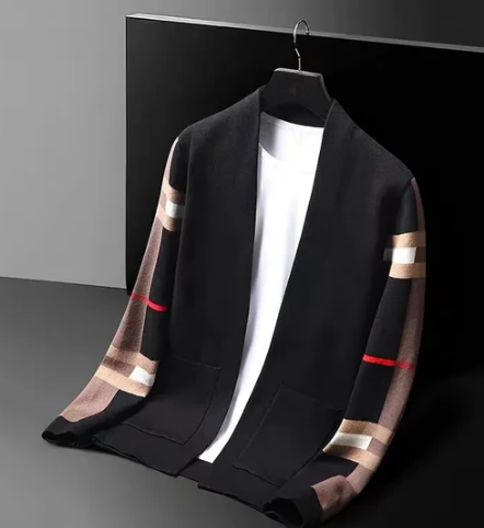 Men’s Knit Cardigan | Open Front | Striped Sleeve Detail