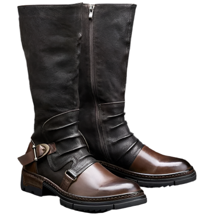 Men’s Tall Leather Boots | Two-Tone Riding Style with Buckle Detail | Zip-Up Winter Footwear