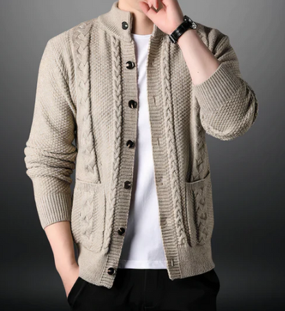 Men’s Cable Knit Button-Up Cardigan | Midweight Texture | Shawl Collar Layer