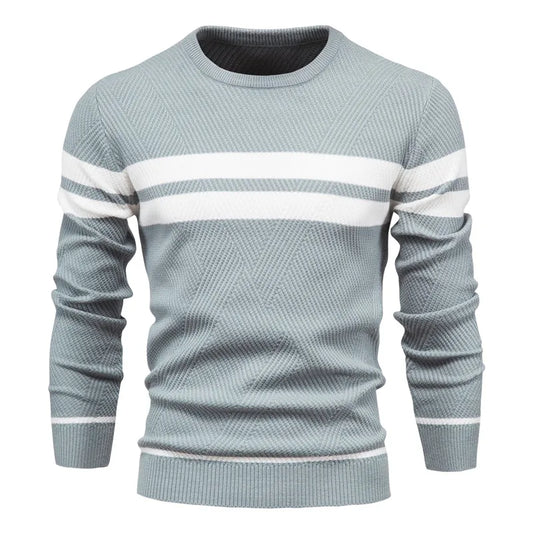 Men's Crewneck Knit Sweater | Ribbed Trim | Striped Casual Pullover