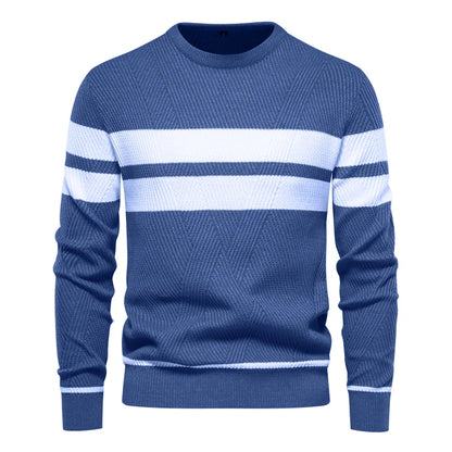 Men's Crewneck Knit Sweater | Ribbed Trim | Striped Casual Pullover