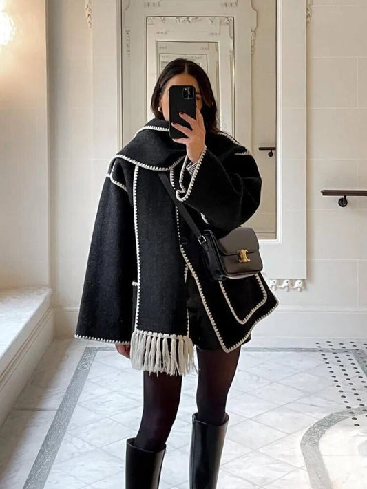 Draped Wool-Blend Coat with Scarf Detail | Oversized Fit | Fringe Hem | Modern Elegance