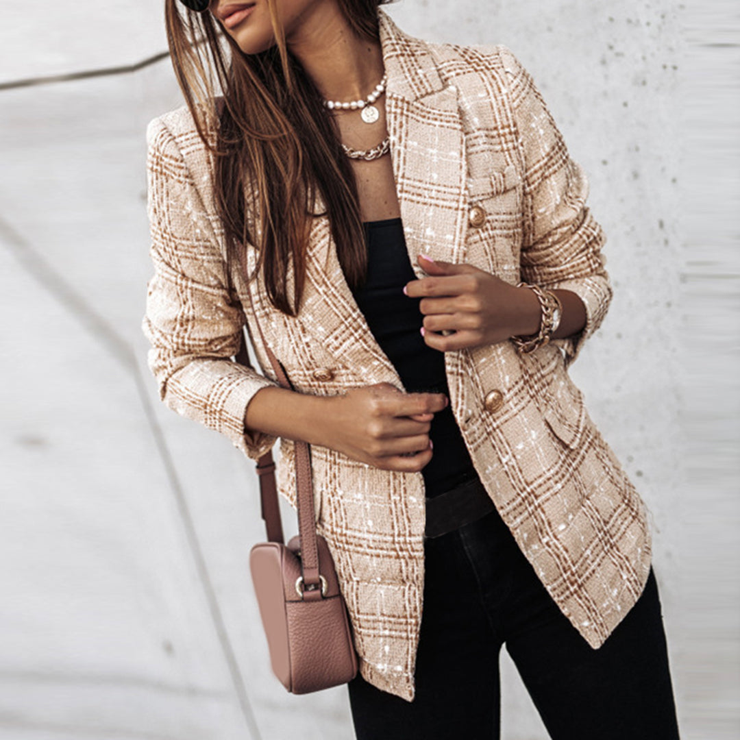 Plaid Tweed Blazer | Double-Breasted with Gold Buttons | Structured Fall Outerwear
