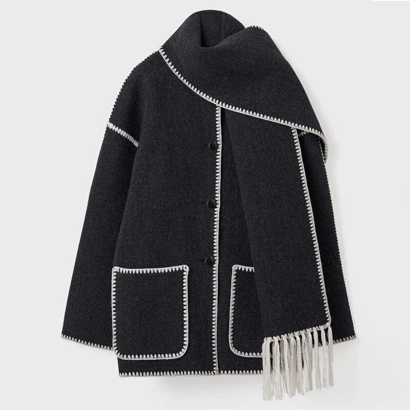 Draped Wool-Blend Coat with Scarf Detail | Oversized Fit | Fringe Hem | Modern Elegance