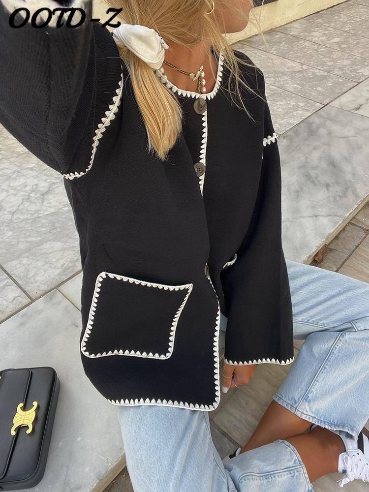 Contrast-Trim Knit Cardigan | Elegant Button-Front | Minimalist Chic | Black & White