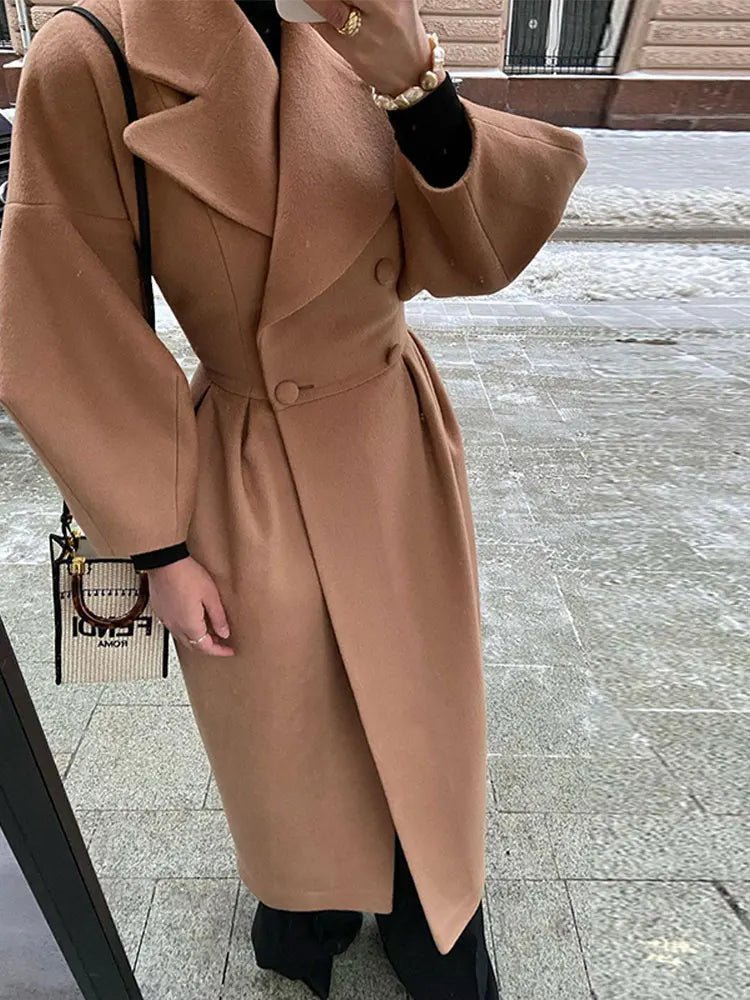 Elegant Long Wool Blend Coat | Belted Waist | Timeless Style | Sophisticated Outerwear