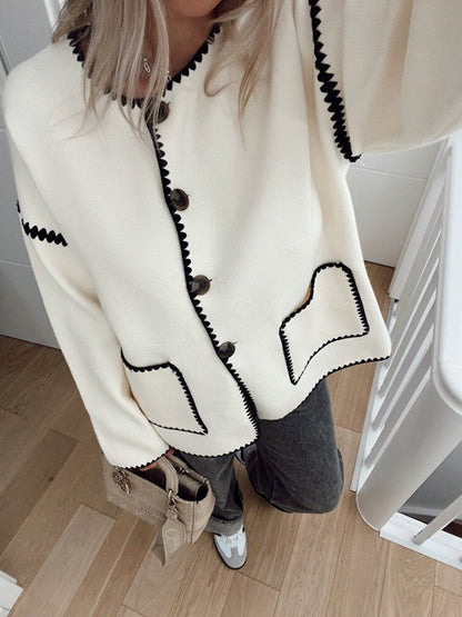Contrast-Trim Knit Cardigan | Elegant Button-Front | Minimalist Chic | Black & White