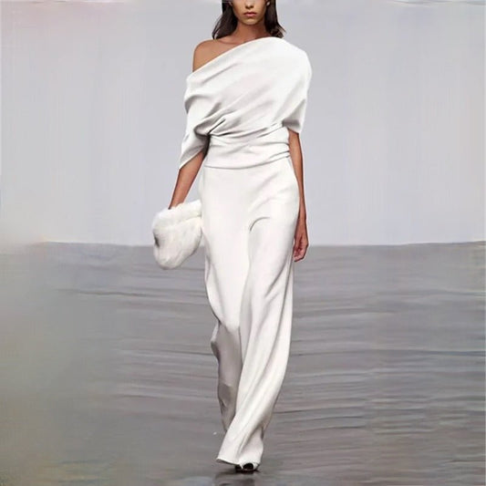 Off-Shoulder Wide-Leg Jumpsuit | Draped Bodice | Elegant Evening Silhouette