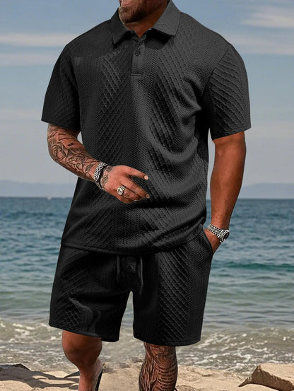 Men’s Lightweight Jacquard Polo & Shorts Set | Summer Co-Ord | Breathable Stretch Knit