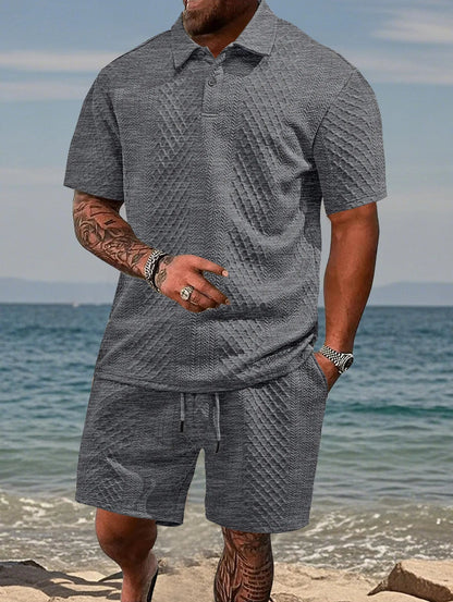 Men’s Lightweight Jacquard Polo & Shorts Set | Summer Co-Ord | Breathable Stretch Knit