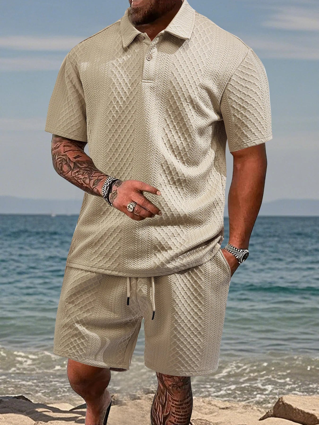 Men’s Lightweight Jacquard Polo & Shorts Set | Summer Co-Ord | Breathable Stretch Knit