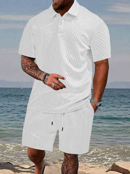 Men’s Lightweight Jacquard Polo & Shorts Set | Summer Co-Ord | Breathable Stretch Knit