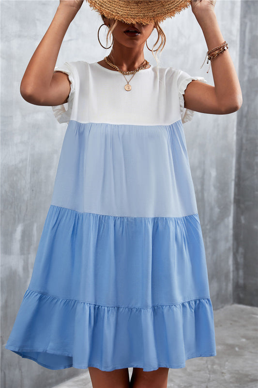 Tiered Colourblock Mini Dress | Ruffled Cap Sleeves | Lightweight Summer Style