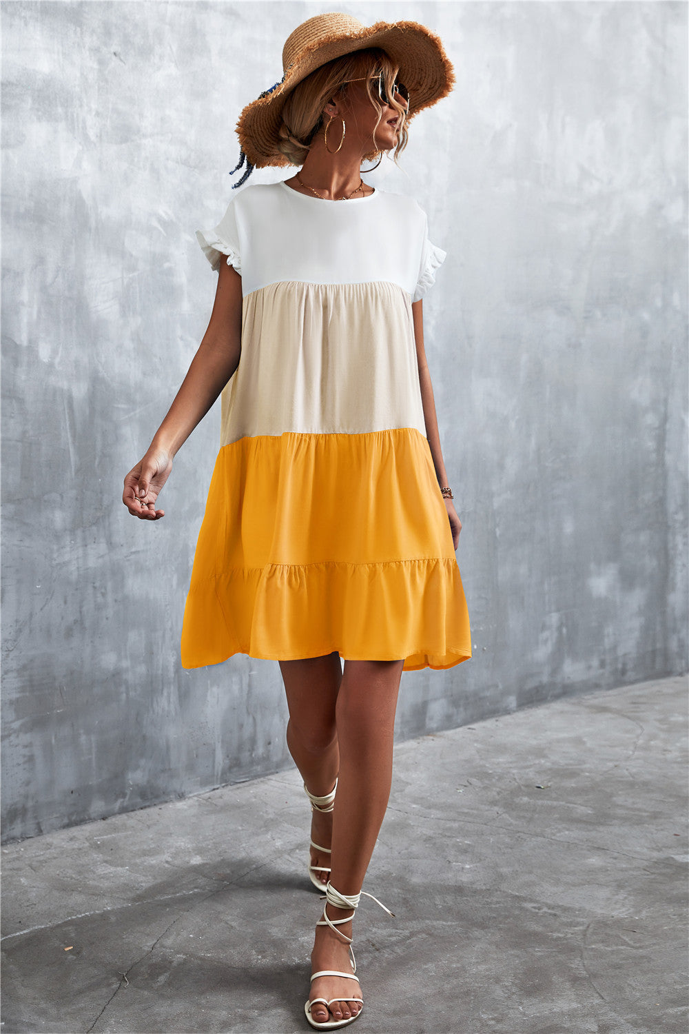 Tiered Colourblock Mini Dress | Ruffled Cap Sleeves | Lightweight Summer Style