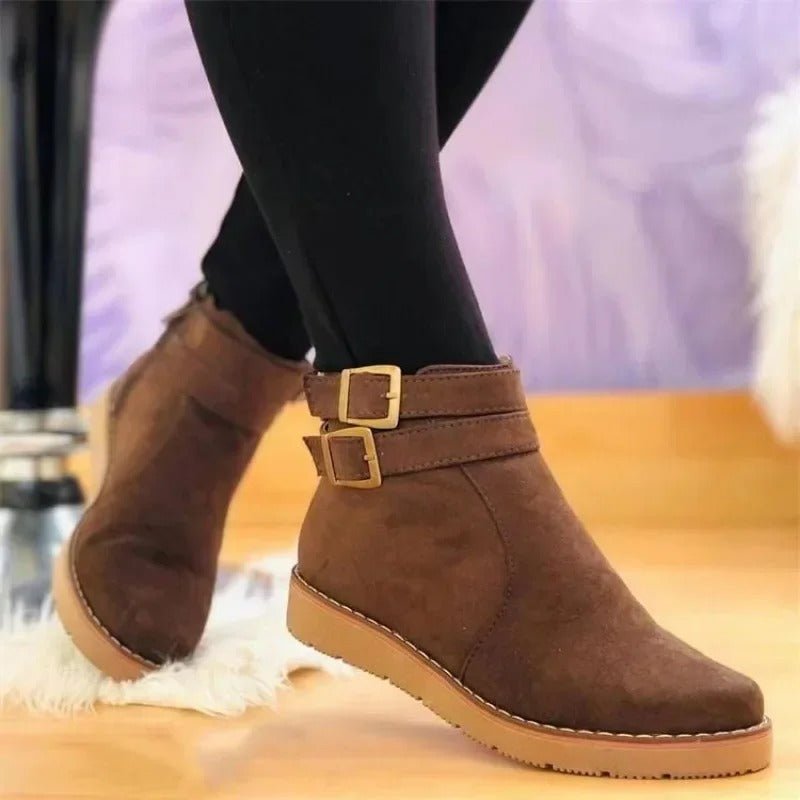Double Buckle Ankle Boots | Low Heel Suede Finish with Side Zipper