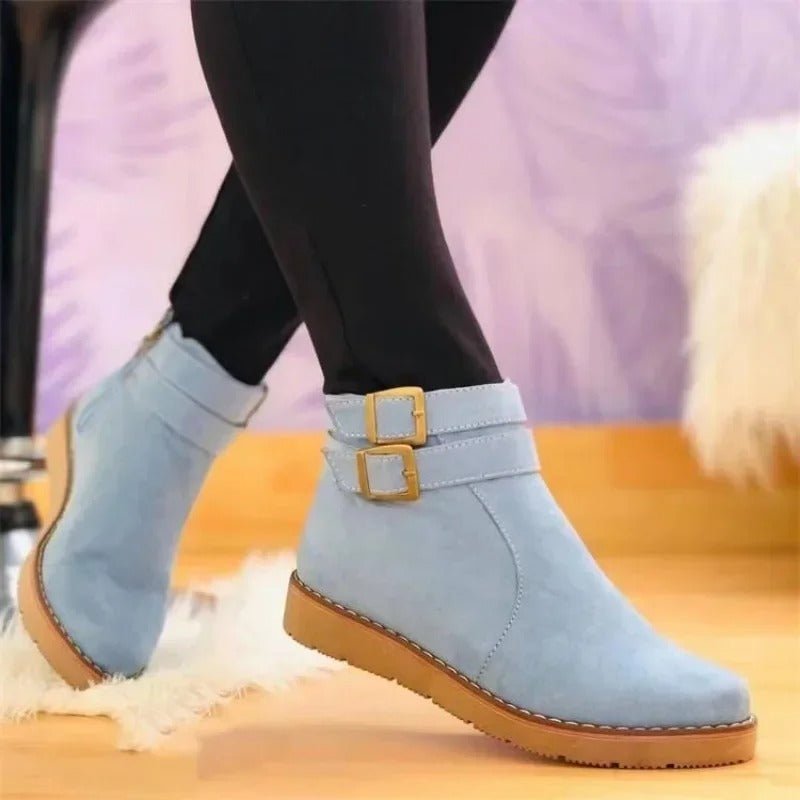 Double Buckle Ankle Boots | Low Heel Suede Finish with Side Zipper