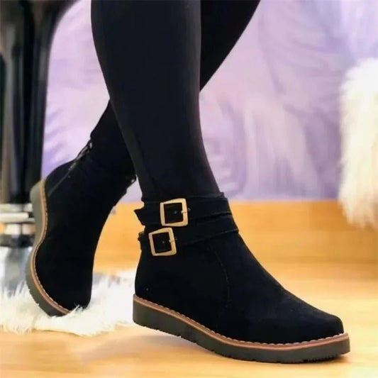 Double Buckle Ankle Boots | Low Heel Suede Finish with Side Zipper