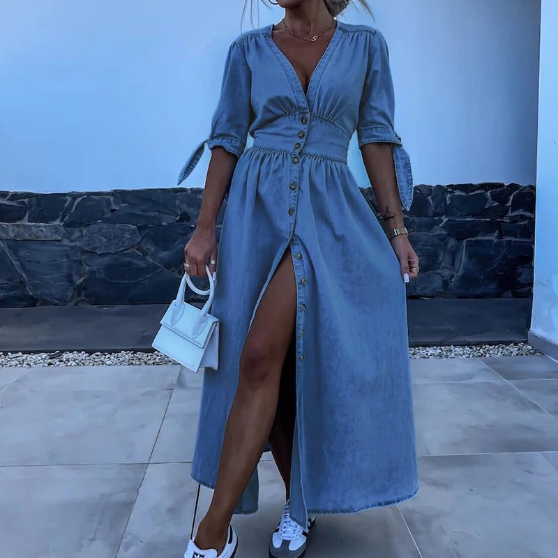 Denim Maxi Dress | Button-Front Fit & Flare | Casual Summer Style