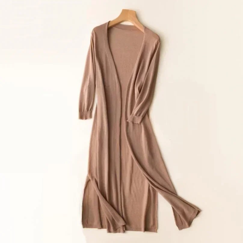 Women's Long Knit Cardigan | Lightweight Duster Layer | Open Front with 3/4 Sleeves