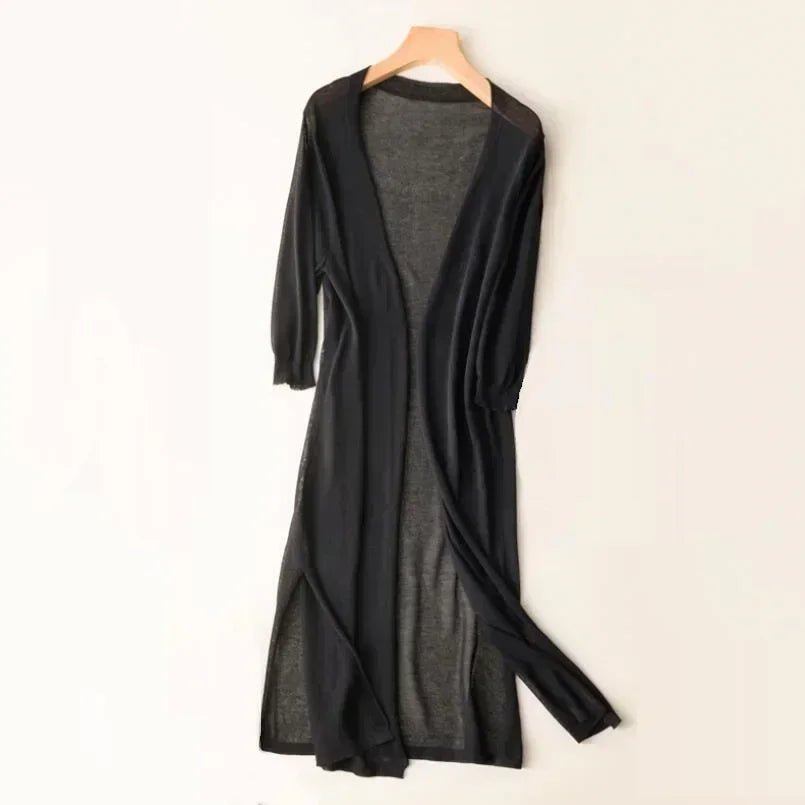 Women's Long Knit Cardigan | Lightweight Duster Layer | Open Front with 3/4 Sleeves