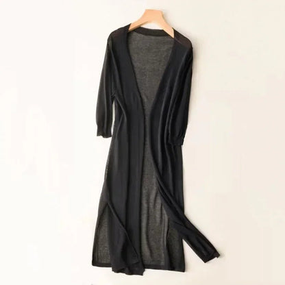 Women's Long Knit Cardigan | Lightweight Duster Layer | Open Front with 3/4 Sleeves