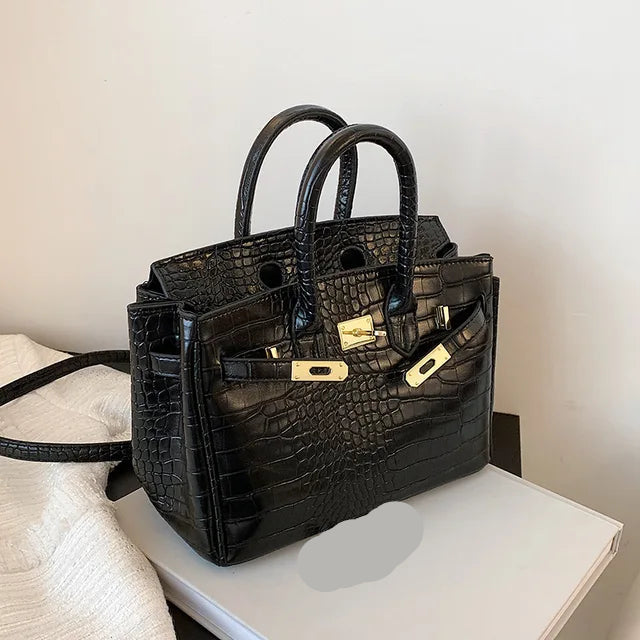 Women’s Croc-Embossed Structured Handbag | Gold Hardware Mini Tote | Elegant Top Handle Purse