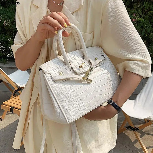 Women’s Croc-Embossed Structured Handbag | Gold Hardware Mini Tote | Elegant Top Handle Purse