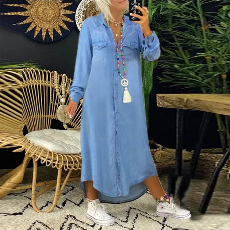Women’s Denim Shirt Dress | Button-Front Long Sleeve | Relaxed Fit Everyday Style