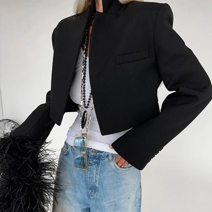 Women's Cropped Black Blazer | Minimalist & Chic | Open-Front | Modern Office & Casual Wear
