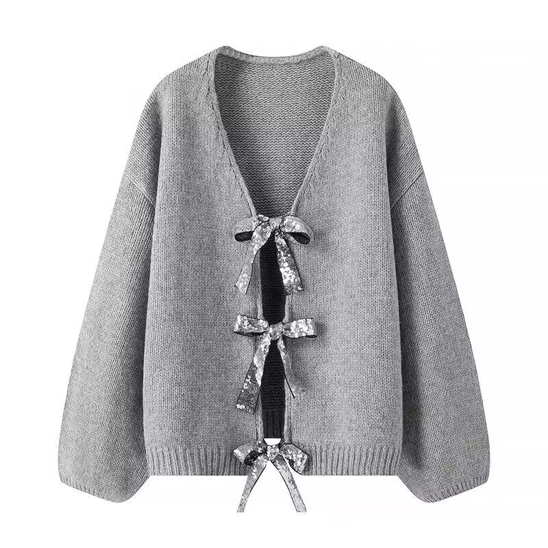 Elegant Bow-Accent Cardigan | Soft Knit Fabric | Open-Front Design | Chic Layering Piece