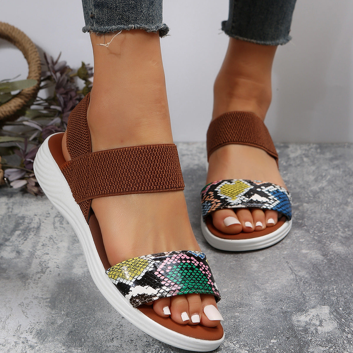 Elastic Slingback Sandals | Cushioned Sole & Patterned Strap | Casual Walkable Design