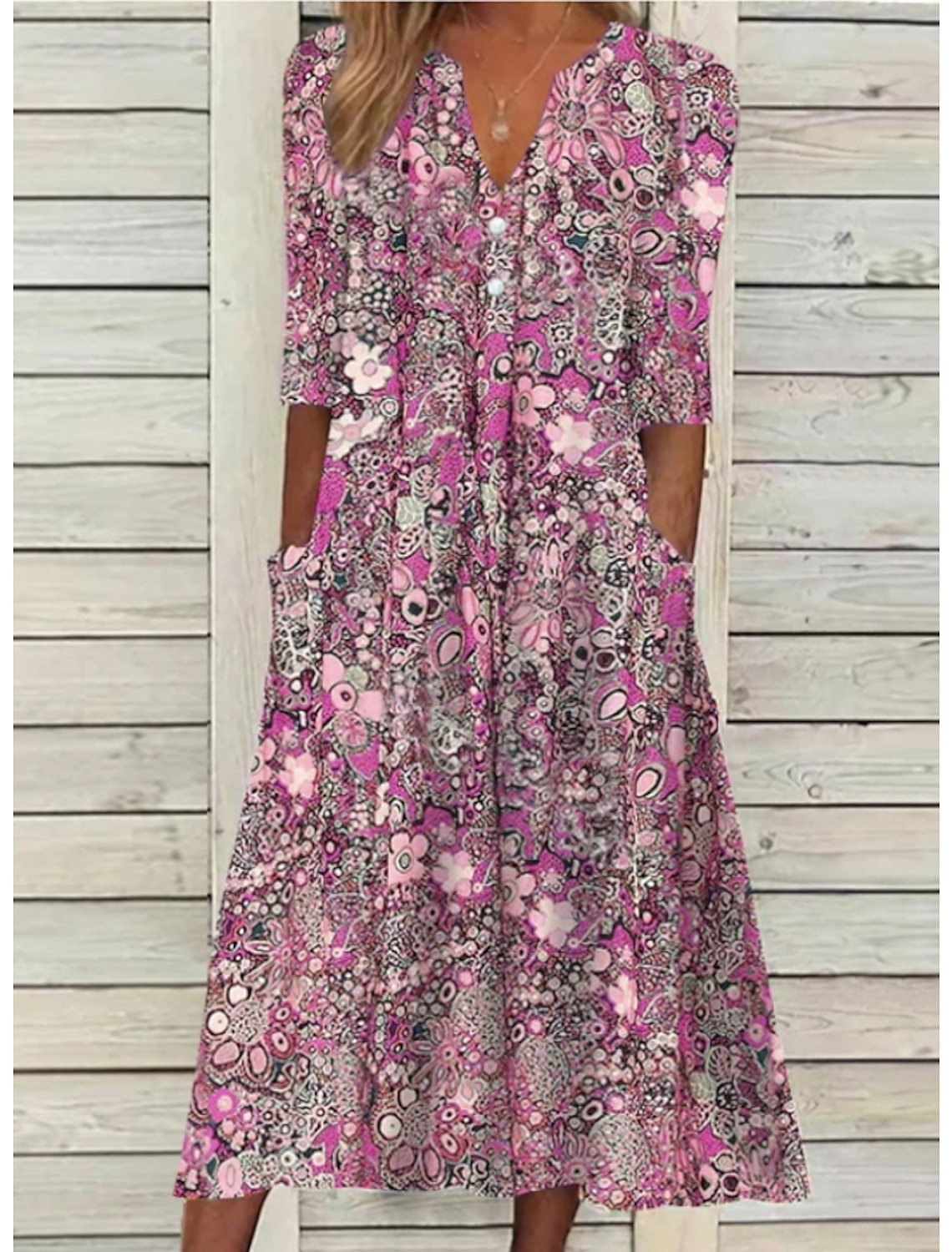 Boho Print V-Neck Midi Dress | Lightweight Fabric | Pockets
