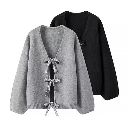 Elegant Bow-Accent Cardigan | Soft Knit Fabric | Open-Front Design | Chic Layering Piece