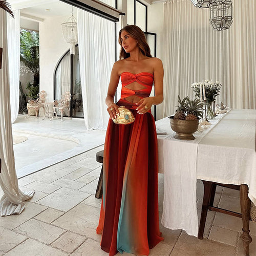 Ombre Strapless Gown | Pleated Chiffon Skirt & Satin Bodice | Resort Formal Dress