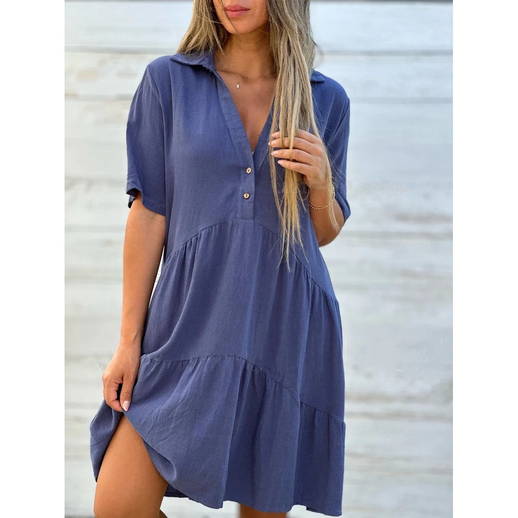 Tiered Shirt Dress | Collared Button-Front Mini | Casual Short Sleeve Everyday Fit