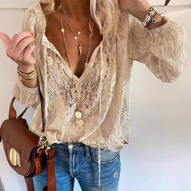 Blush Lace Peasant Blouse | Sheer Detail with Tie Neck | Romantic Boho Top