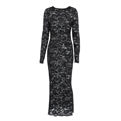 Black Lace Maxi Dress | Long Sleeve | Elegant Semi-Sheer Design