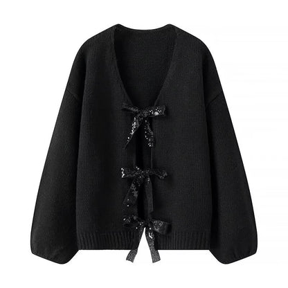 Elegant Bow-Accent Cardigan | Soft Knit Fabric | Open-Front Design | Chic Layering Piece