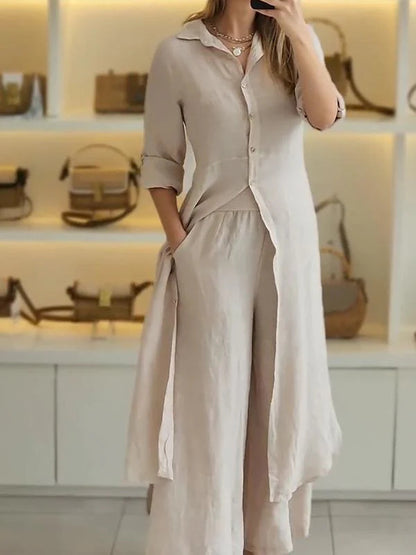 Linen-Blend Button-Front Set | Flowy Shirt Dress & Wide-Leg Pants Combo