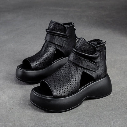 Perforated Leather Platform Sandals | Supportive Sole with Zip Closure