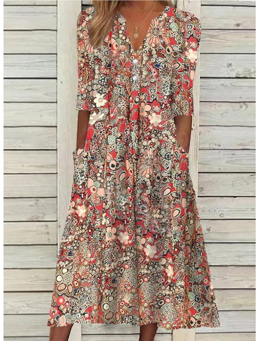 Boho Print V-Neck Midi Dress | Lightweight Fabric | Pockets
