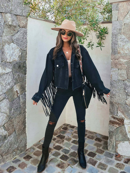 Fringed Denim Jacket | Western-Inspired Style | Durable Cotton Denim | Casual & Festival Wear