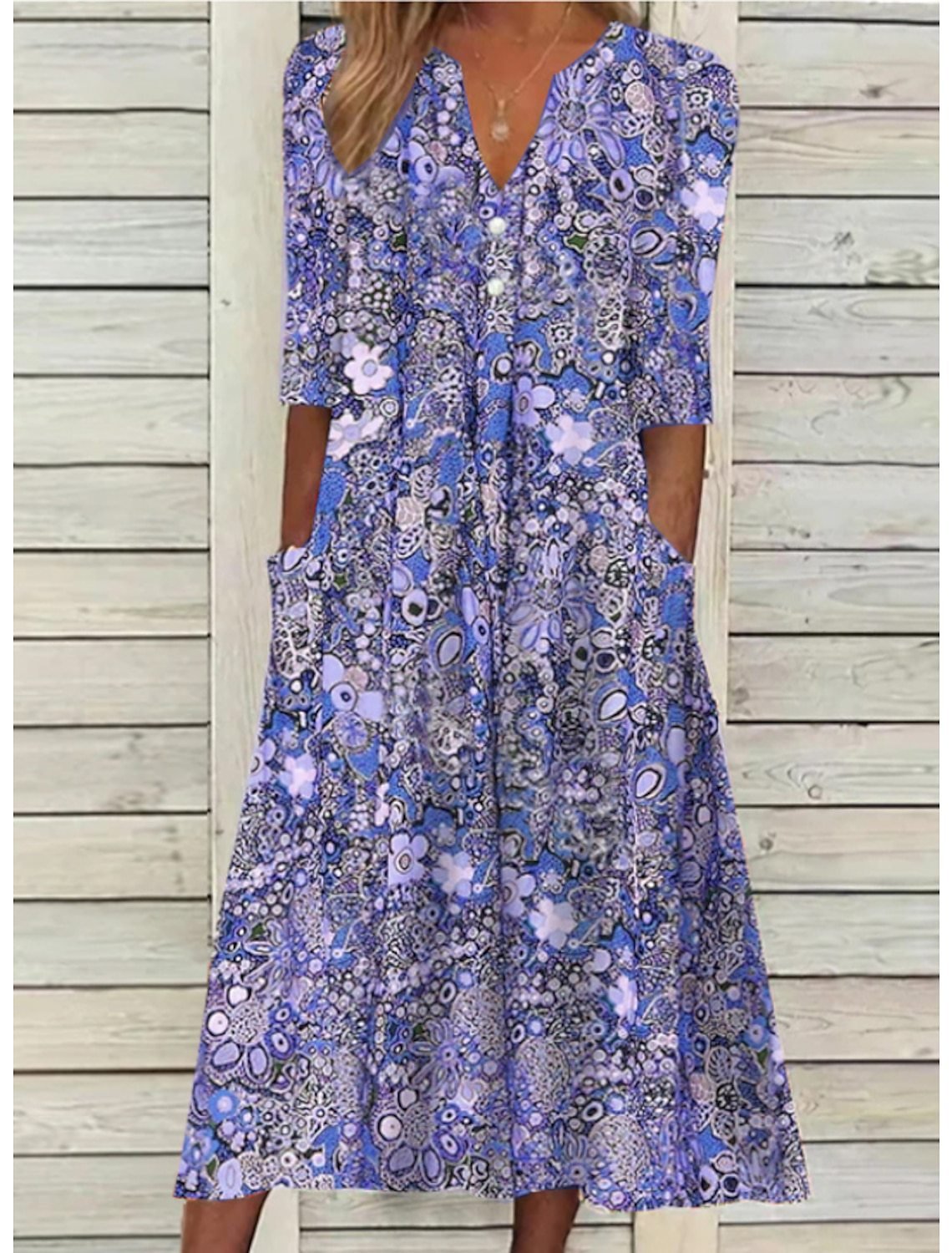 Boho Print V-Neck Midi Dress | Lightweight Fabric | Pockets