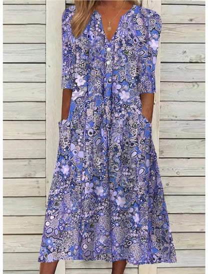 Boho Print V-Neck Midi Dress | Lightweight Fabric | Pockets