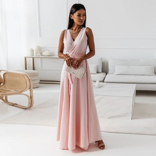 Sleeveless Wrap Maxi Dress | Elegant Tie Waist | Flowy Formal Silhouette