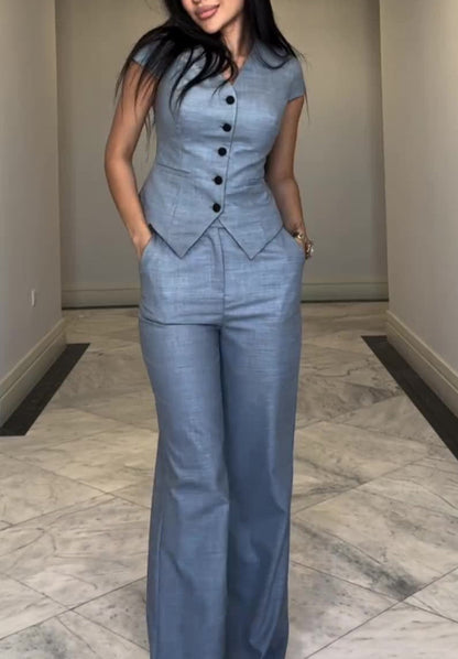 Tailored Pantsuit Set | Cap Sleeve Top & Wide-Leg Trousers | Sleek Office Fit