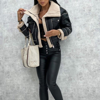Faux Leather Aviator Jacket | Warm Sherpa Lining | Cropped Fit | Winter-Ready Style