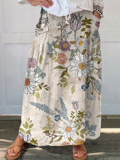 Relaxed Floral Maxi Skirt | Linen-Cotton Blend with Pockets | Casual Everyday Fit